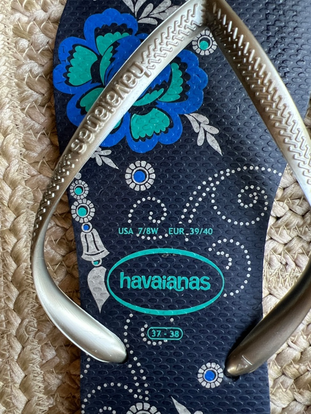 Havaianas Navy Flip Flops with Blue & Teal Floral Print and Silver Straps - Picture 2 of 3